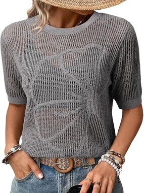 Gray Short Sleeve Crochet Floral Top